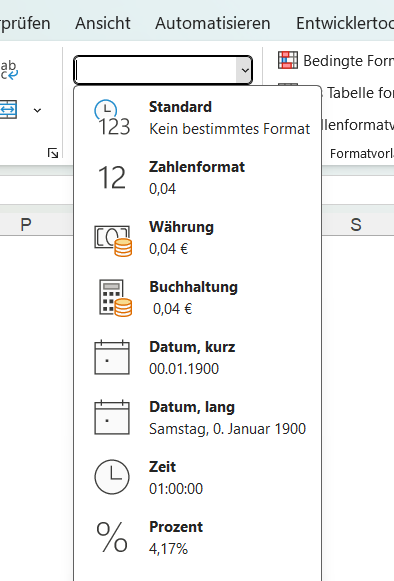 Formatdropdown im Excel Menüband